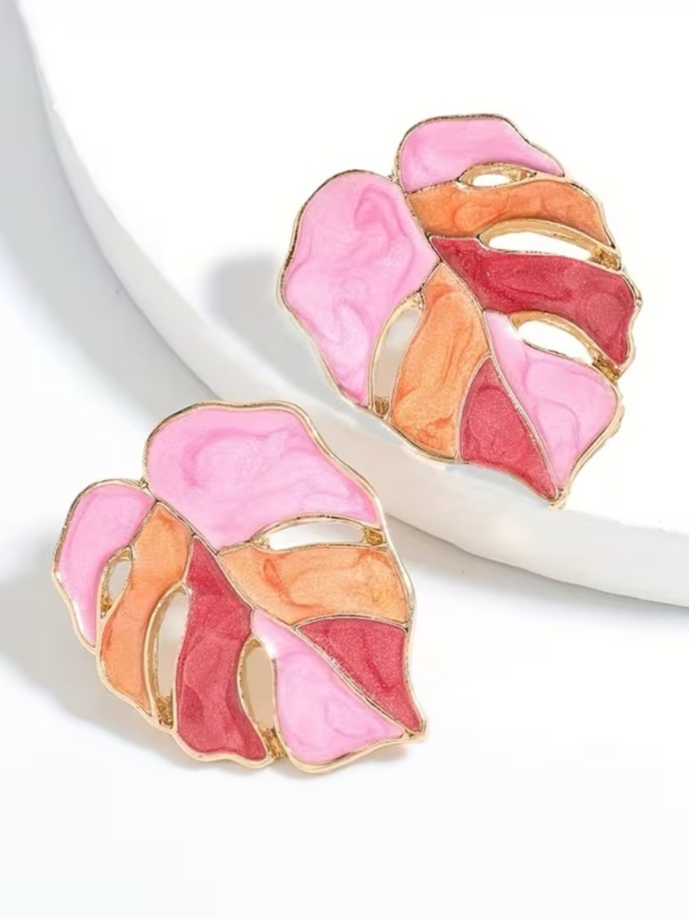 Pink Orange Red Monstera Leaf Stud Earrings Gold | Hawaiian Jewelry, Islander